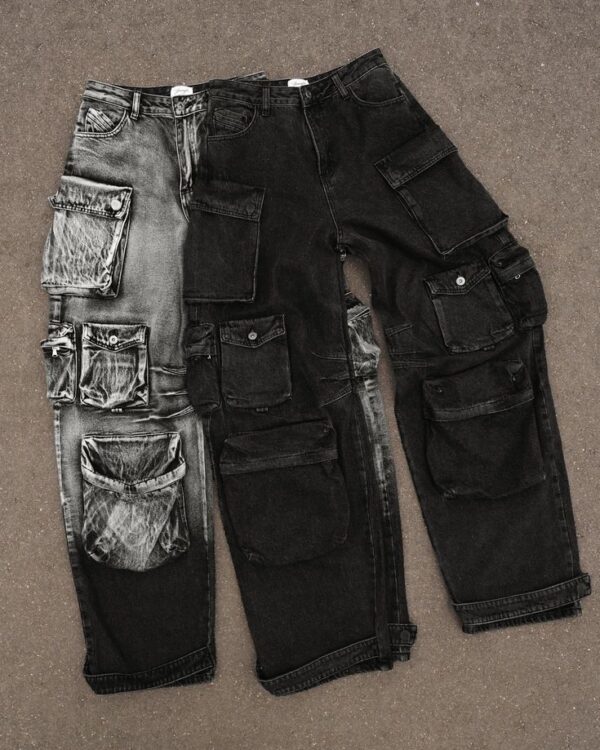 Multi-pocket Split Tone Denim Cargo Pants