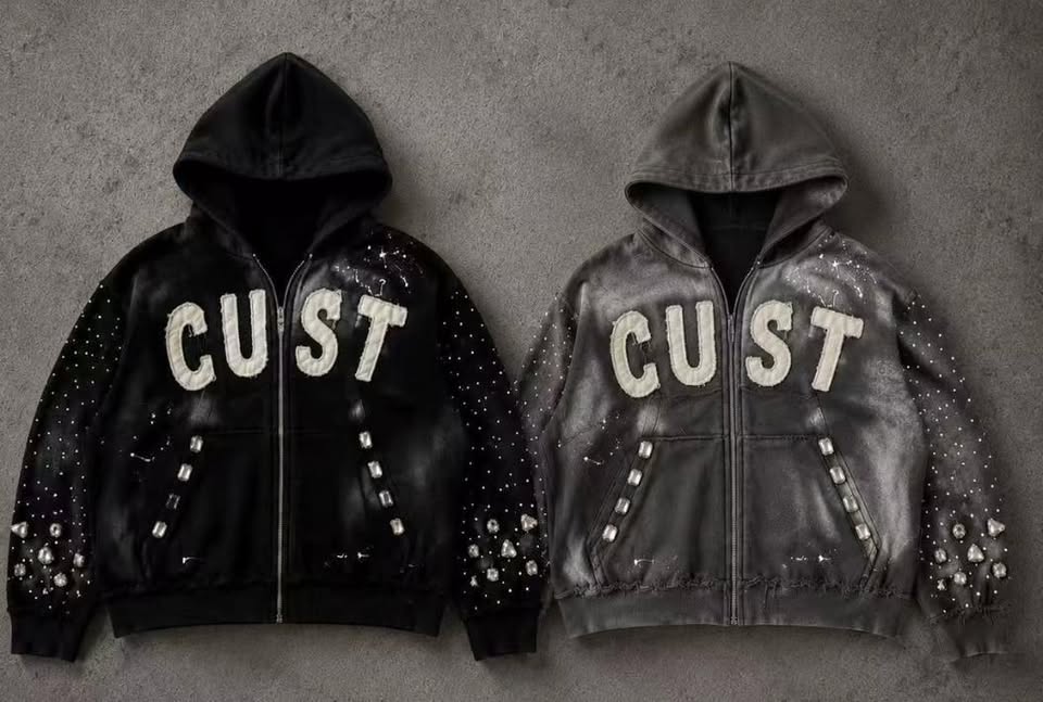 Acid Wash Embroidered Printed Hoodie